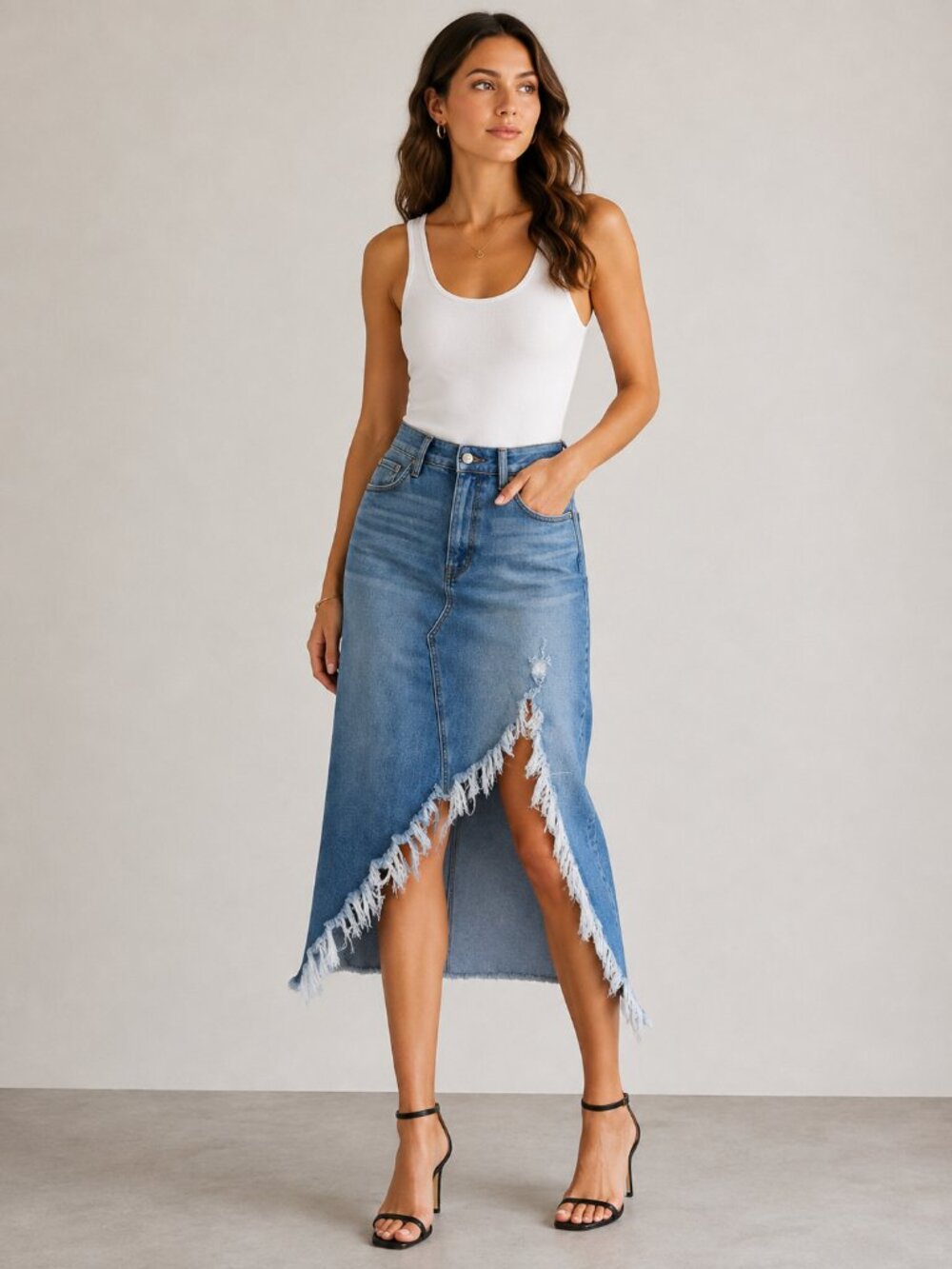 BCBGeneration Light Blue Fray Slit Maxi Denim Skirt Size 28 Festival Date Night